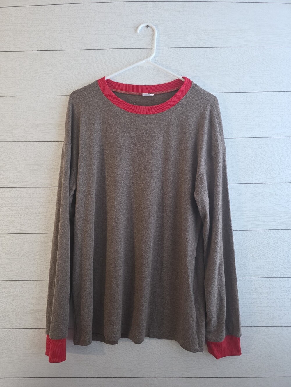 Cozy Contrast Crewneck Ringer Soft Long Sleeve Heather Brown And Vivid Red Large